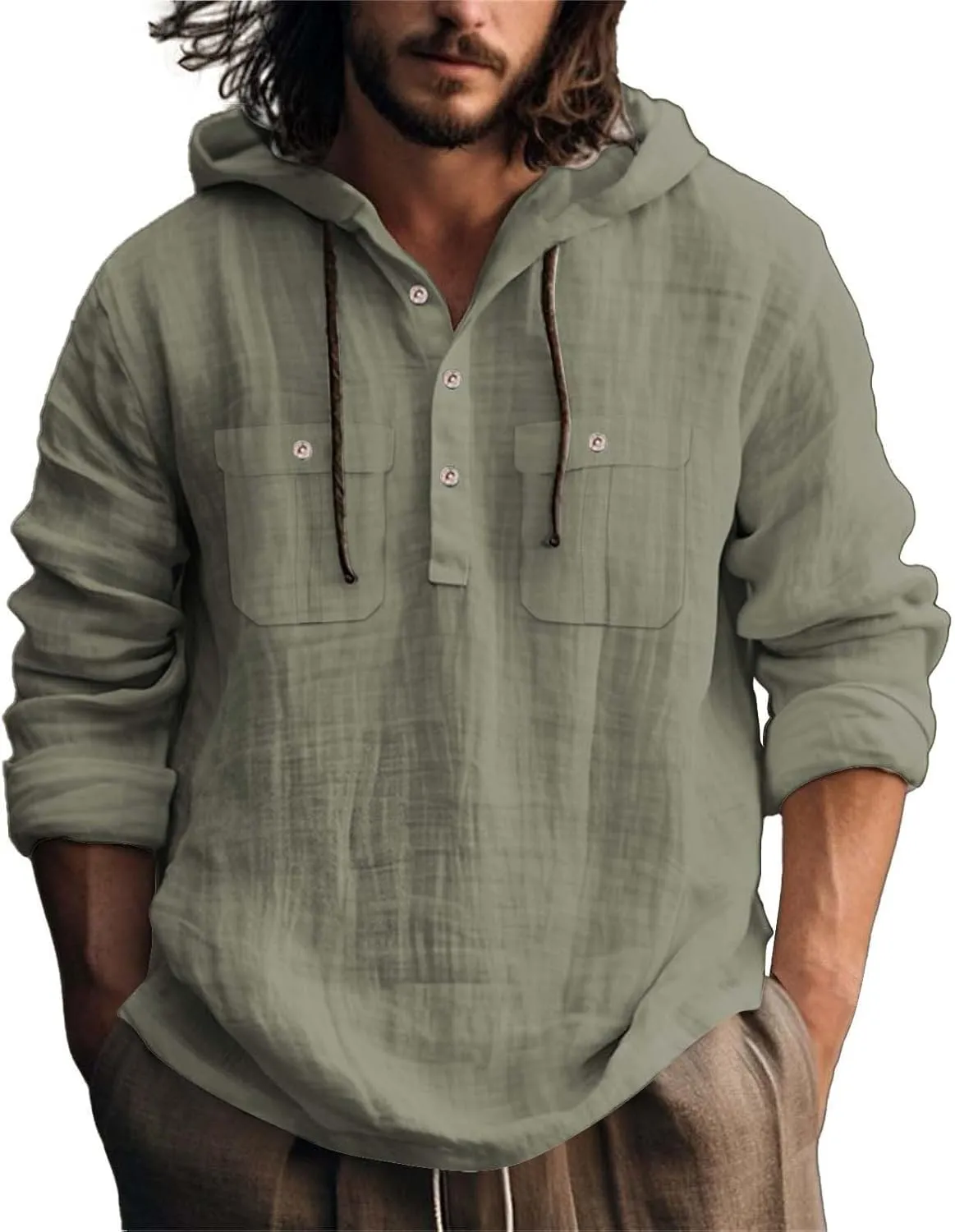 Men's Cotton Linen Shirts Lightweight Lace Up Long Sleeve Hoodies Summer Casual V Neck T Shirt Thin Breathable Tees