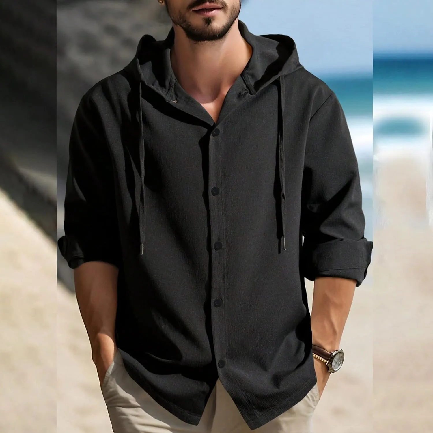 Men's Cotton Linen Shirts with Hood Long Sleeve Lace Up Button Down Shirt Quick Dry Boho Summer Beach Hipster Hoodies