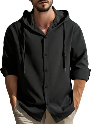 Men's Cotton Linen Shirts with Hood Long Sleeve Lace Up Button Down Shirt Quick Dry Boho Summer Beach Hipster Hoodies