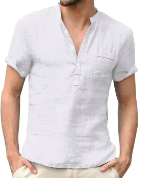 Men's Cotton Linen Tee Casual Short Sleeve V Neck Henley Shirt Quick Dry Breathable Wrinkle Summer Beach Hippie Shirts