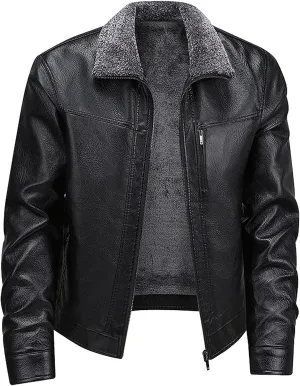 Mens Faux Leather Bomber Jackets Sherpa Fleece Lined Motorcycle Biker Jackets Turn-Down Collar Winter Warm Coats