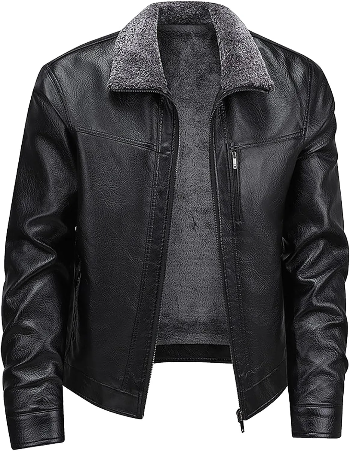 Mens Faux Leather Bomber Jackets Sherpa Fleece Lined Motorcycle Biker Jackets Turn-Down Collar Winter Warm Coats