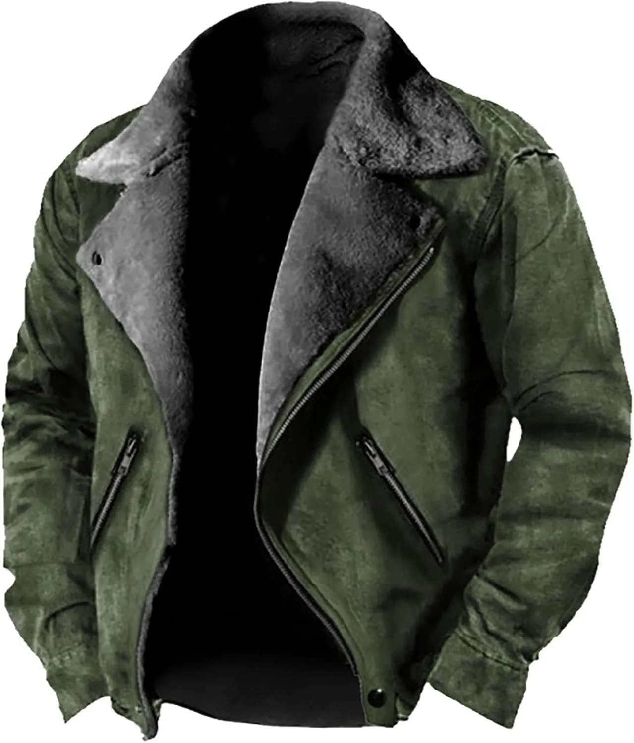 Mens Faux Leather Suede Jacket Lapel Sherpa Lined Winter Coat Thermal Warm Fleece Jacket Zip Up Outerwear with Pocket
