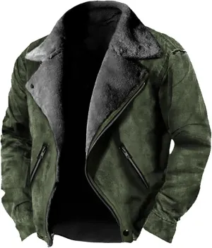 Mens Faux Leather Suede Jacket Lapel Sherpa Lined Winter Coat Thermal Warm Fleece Jacket Zip Up Outerwear with Pocket