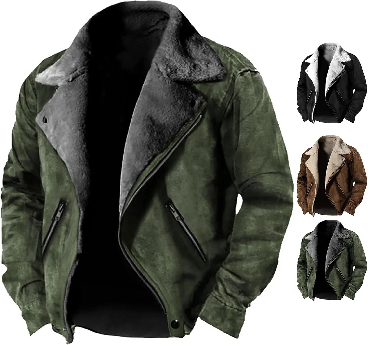 Mens Faux Leather Suede Jacket Lapel Sherpa Lined Winter Coat Thermal Warm Fleece Jacket Zip Up Outerwear with Pocket