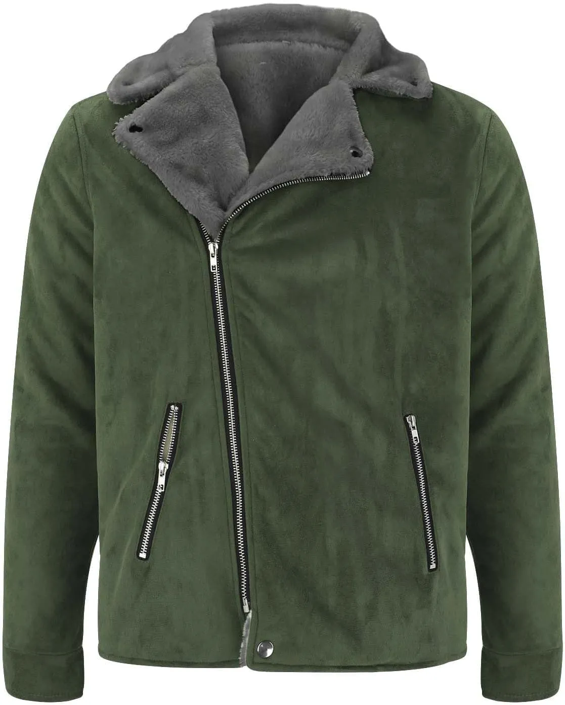 Mens Faux Leather Suede Jacket Lapel Sherpa Lined Winter Coat Thermal Warm Fleece Jacket Zip Up Outerwear with Pocket