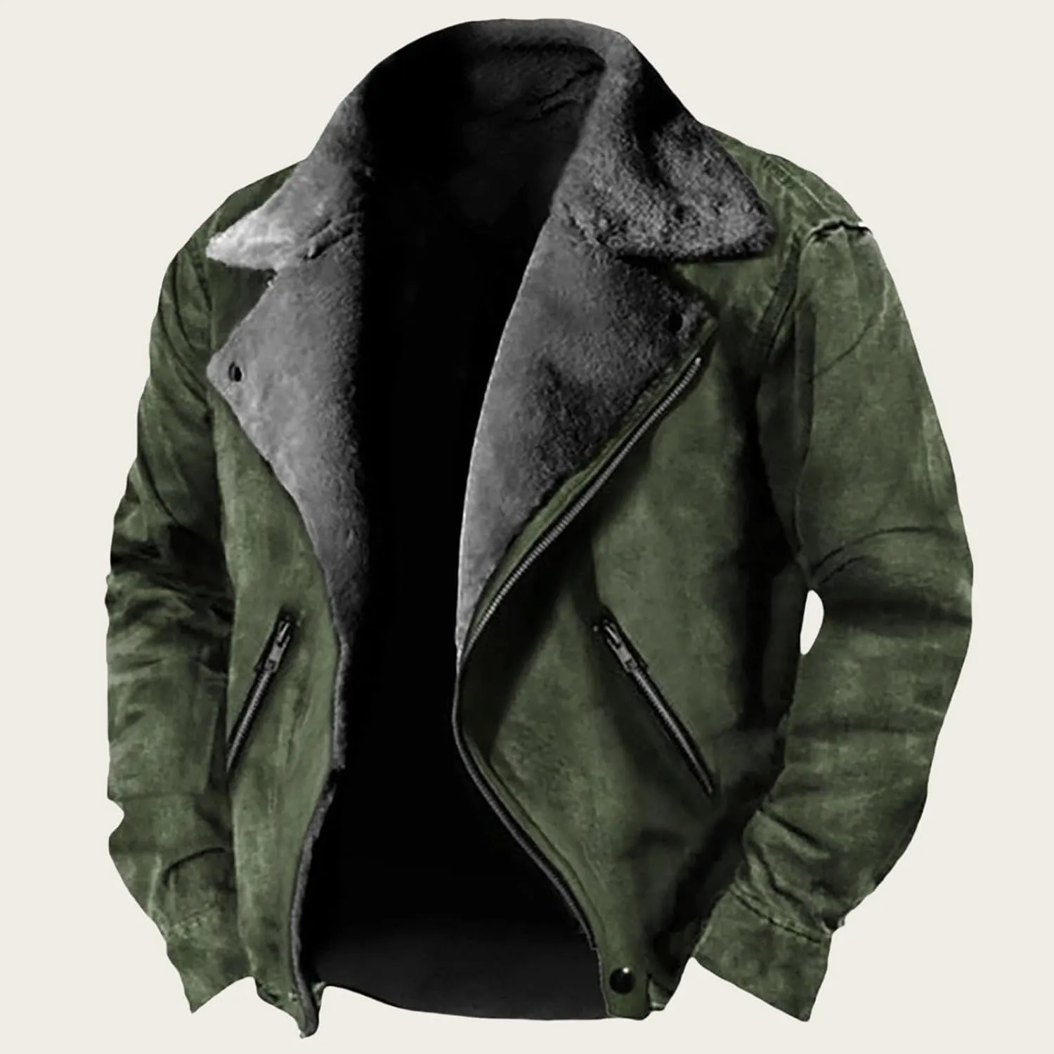 Mens Faux Leather Suede Jacket Lapel Sherpa Lined Winter Coat Thermal Warm Fleece Jacket Zip Up Outerwear with Pocket