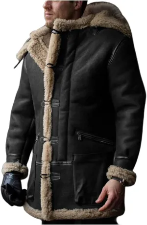 Mens Faux Suede Mid Length Overcoat Thick Fluffy Jacket Sherpa Lined Fleece Sheepskin Pea Coat Trench Coat with Pockets