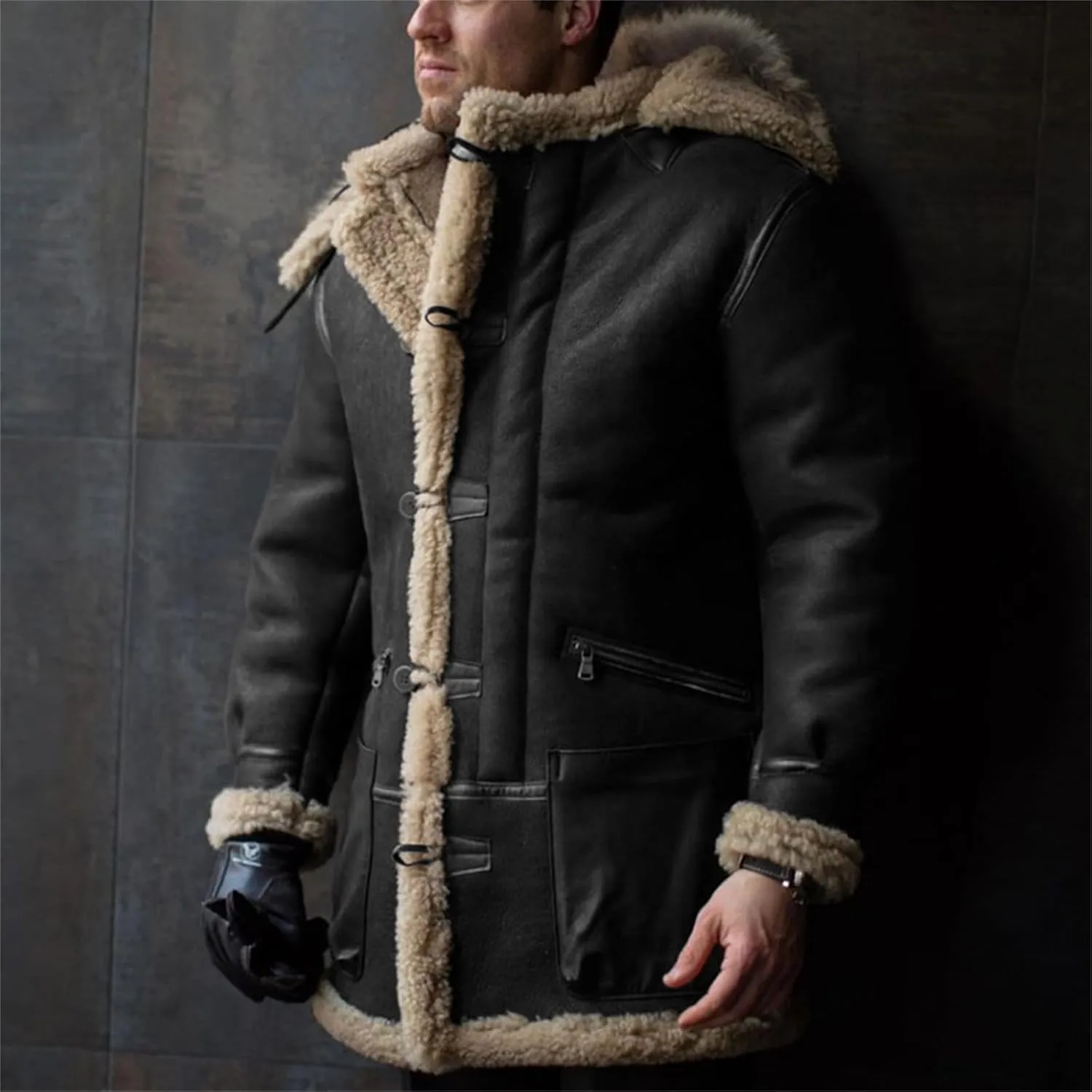 Mens Faux Suede Mid Length Overcoat Thick Fluffy Jacket Sherpa Lined Fleece Sheepskin Pea Coat Trench Coat with Pockets