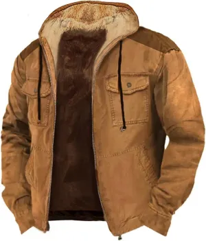 Mens Fleece Hooded Sherpa Lined Jacket Winter Vintage Distressed Long Sleeve Zipper Heavyweight Jackets with Pockets