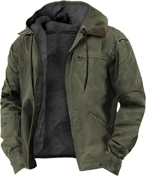 Mens Fleece Hooded Sherpa Lined Jacket Winter Vintage Distressed Long Sleeve Zipper Heavyweight Jackets with Pockets