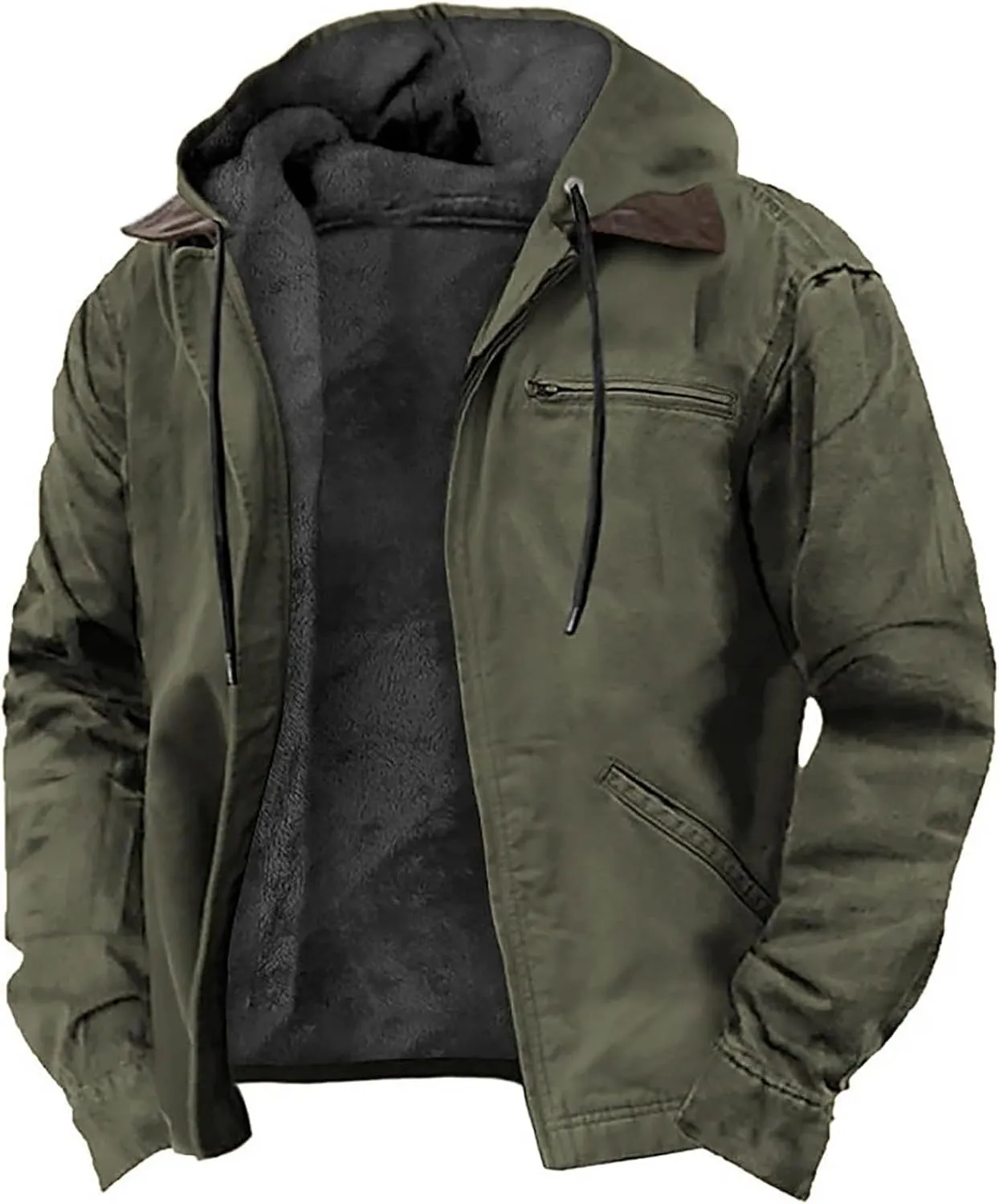 Mens Fleece Hooded Sherpa Lined Jacket Winter Vintage Distressed Long Sleeve Zipper Heavyweight Jackets with Pockets