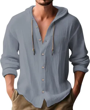 Men's Linen Hooded Shirts Casual Button Down Long Sleeve Hoodies Solid Spread Collar Summer Beach Shirt Tops