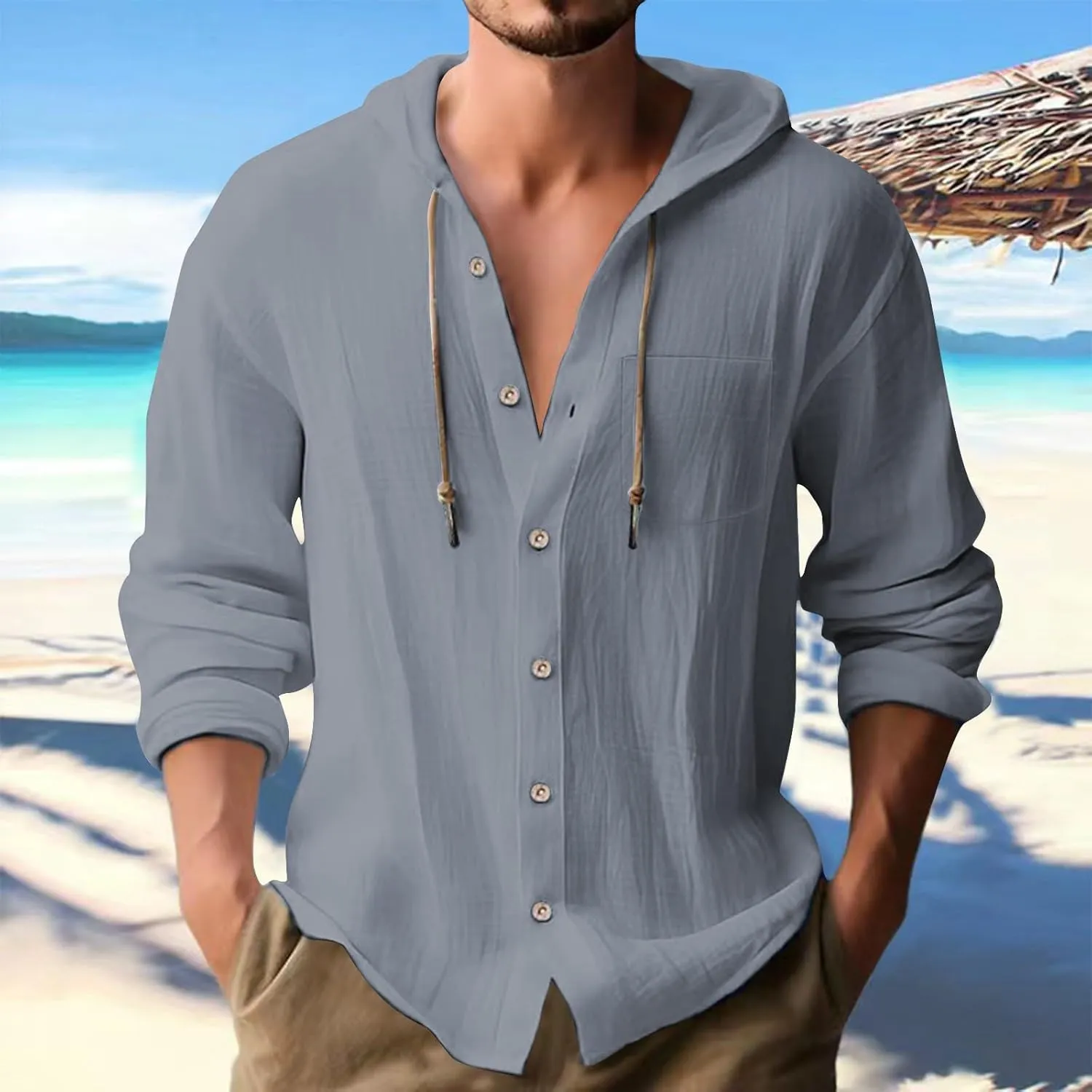 Men's Linen Hooded Shirts Casual Button Down Long Sleeve Hoodies Solid Spread Collar Summer Beach Shirt Tops