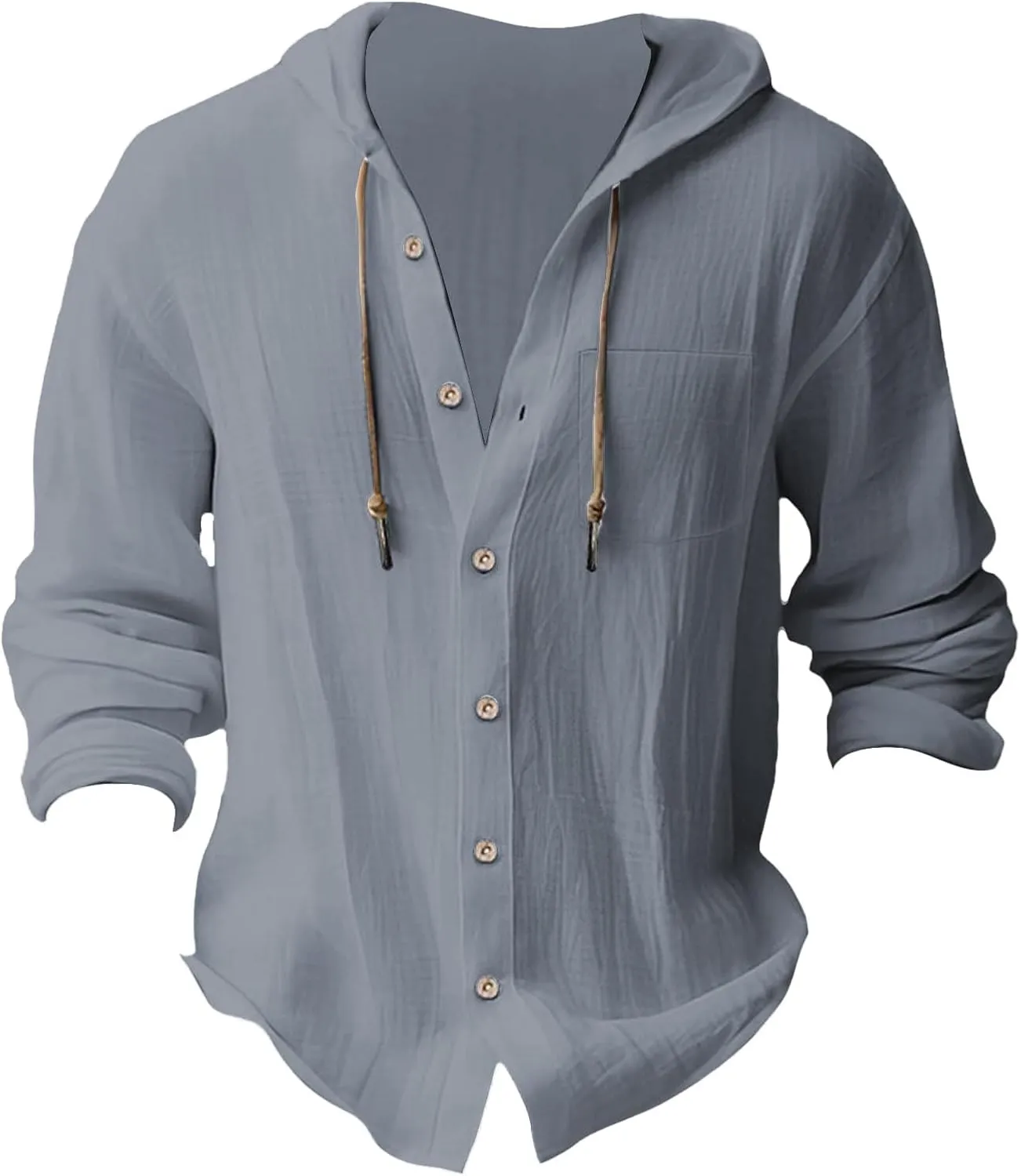 Men's Linen Hooded Shirts Casual Button Down Long Sleeve Hoodies Solid Spread Collar Summer Beach Shirt Tops
