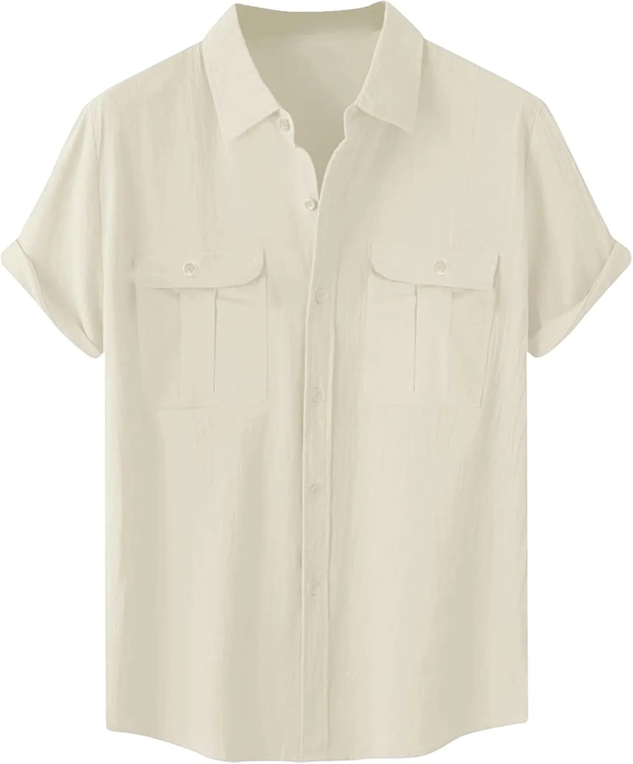 Men's Linen Shirts Casual Button Down Short Sleeve Chambray Shirt Stylish Front Pocket Dress Smart Office Work Blouse