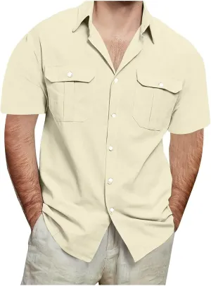 Men's Linen Shirts Casual Button Down Short Sleeve Chambray Shirt Stylish Front Pocket Dress Smart Office Work Blouse