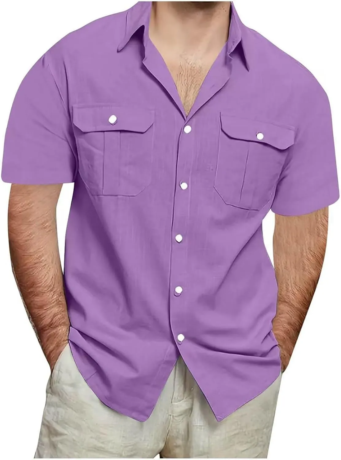 Men's Linen Shirts Casual Button Down Short Sleeve Chambray Shirt Stylish Front Pocket Dress Smart Office Work Blouse