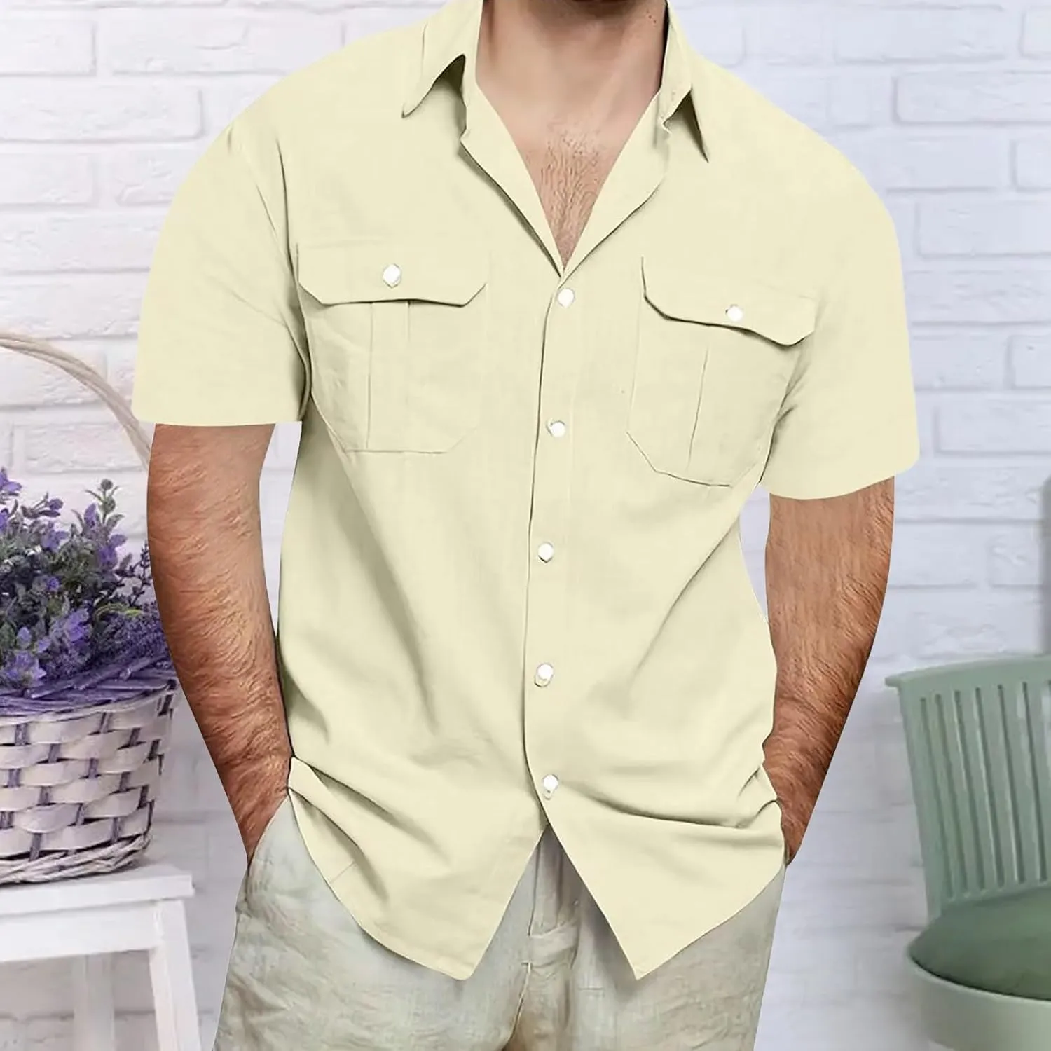 Men's Linen Shirts Casual Button Down Short Sleeve Chambray Shirt Stylish Front Pocket Dress Smart Office Work Blouse