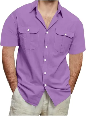 Men's Linen Shirts Casual Button Down Short Sleeve Chambray Shirt Stylish Front Pocket Dress Smart Office Work Blouse