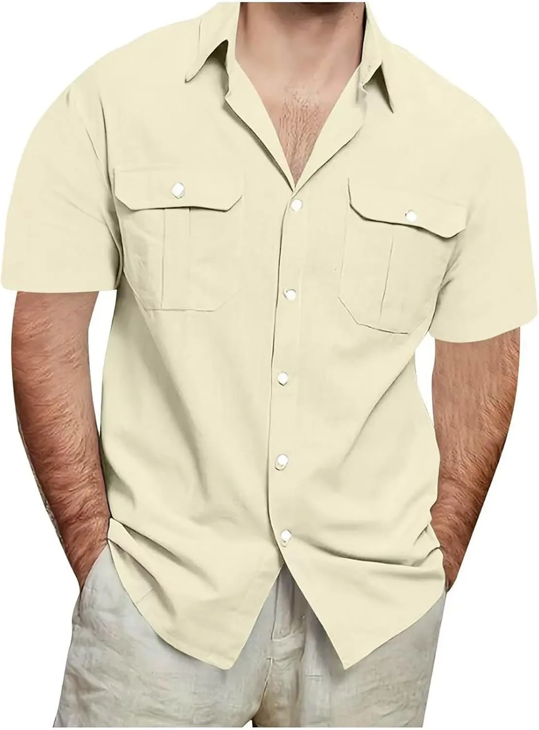 Men's Linen Shirts Casual Button Down Short Sleeve Chambray Shirt Stylish Front Pocket Dress Smart Office Work Blouse