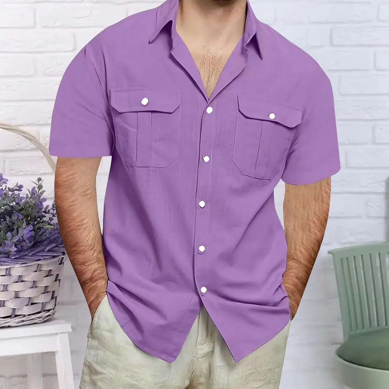 Men's Linen Shirts Casual Button Down Short Sleeve Chambray Shirt Stylish Front Pocket Dress Smart Office Work Blouse