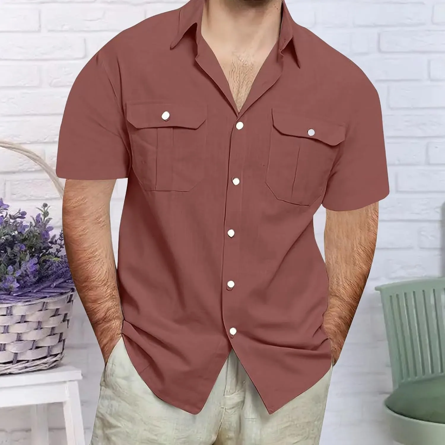Men's Linen Shirts Casual Short Sleeve Button Down Cotton Shirt Lightweight Casual Summer Collared T-Shirt with Pocket