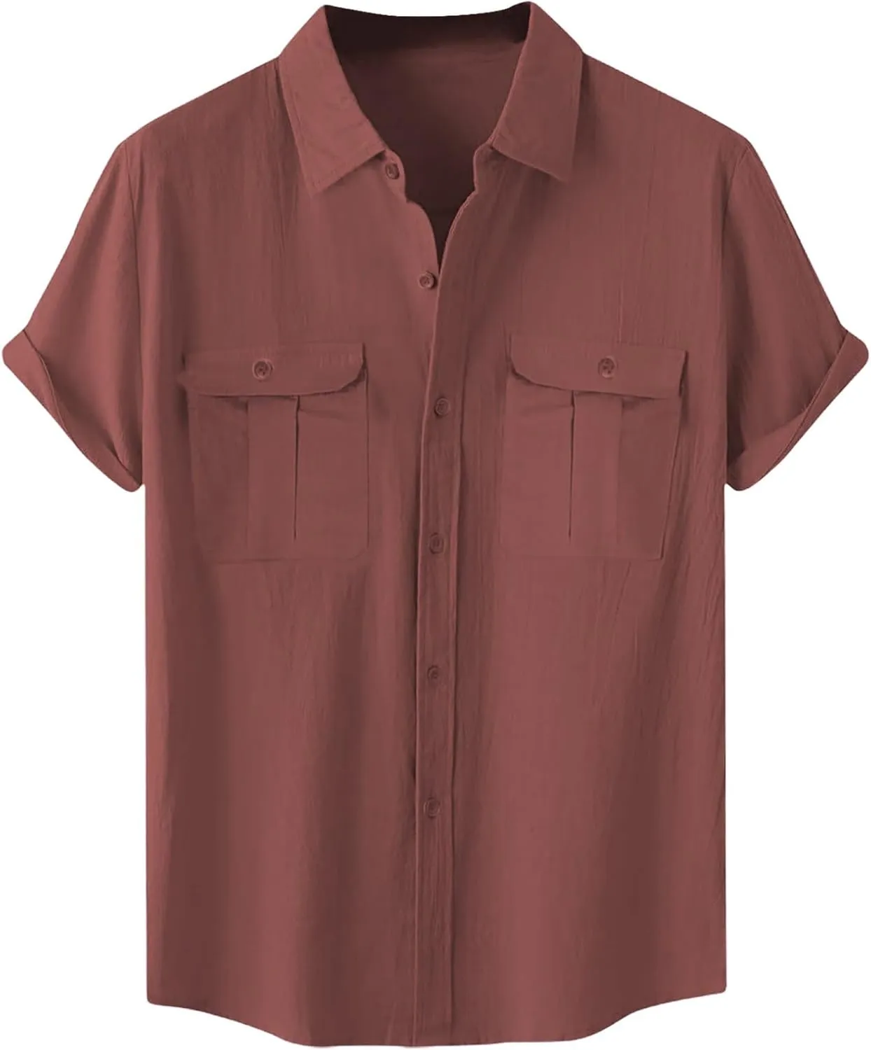 Men's Linen Shirts Casual Short Sleeve Button Down Cotton Shirt Lightweight Casual Summer Collared T-Shirt with Pocket