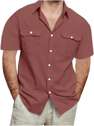 Men's Linen Shirts Casual Short Sleeve Button Down Cotton Shirt Lightweight Casual Summer Collared T-Shirt with Pocket