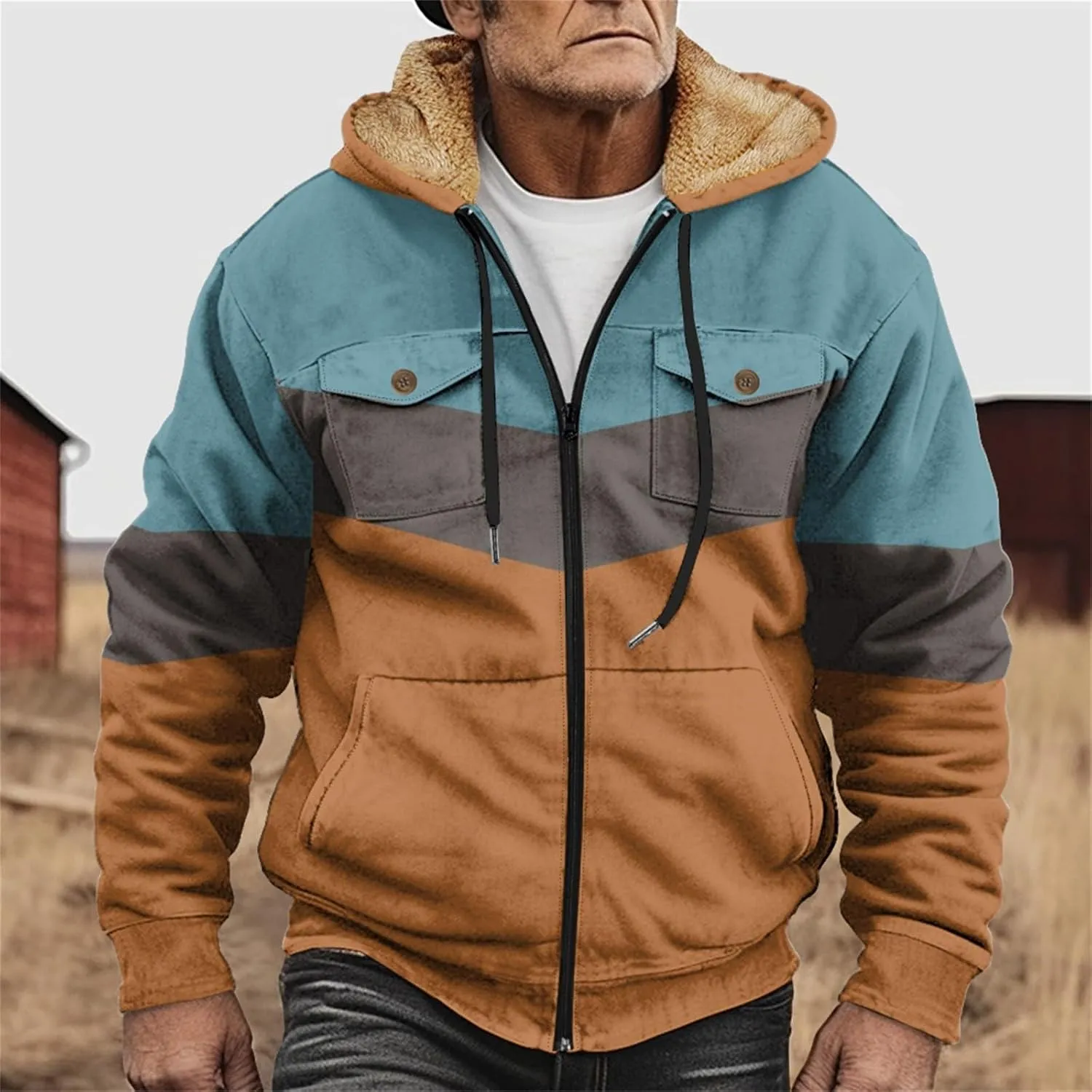 Men's Oversized Jackets Full Zip Thicken Fleece Sherpa Lined Winter Hooded Work Utility Jacket Warm Coat with Pockets