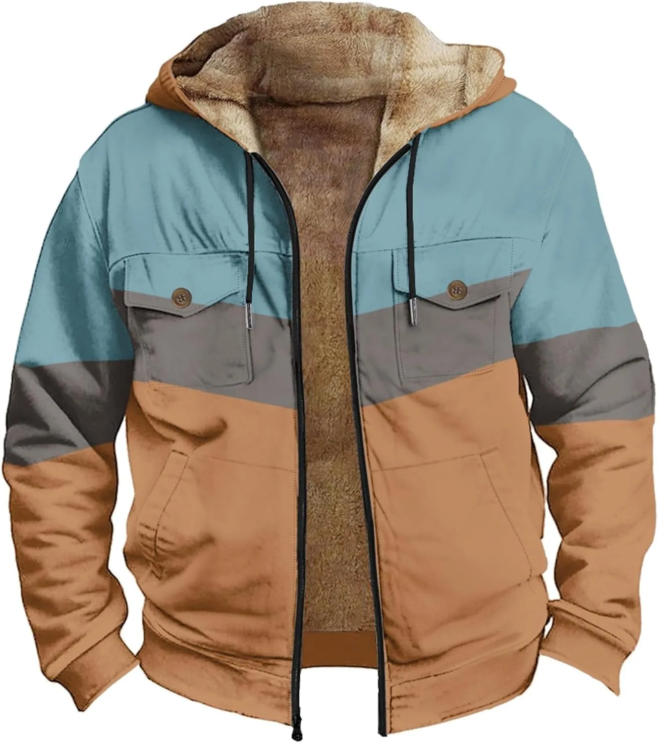 Men's Oversized Jackets Full Zip Thicken Fleece Sherpa Lined Winter Hooded Work Utility Jacket Warm Coat with Pockets