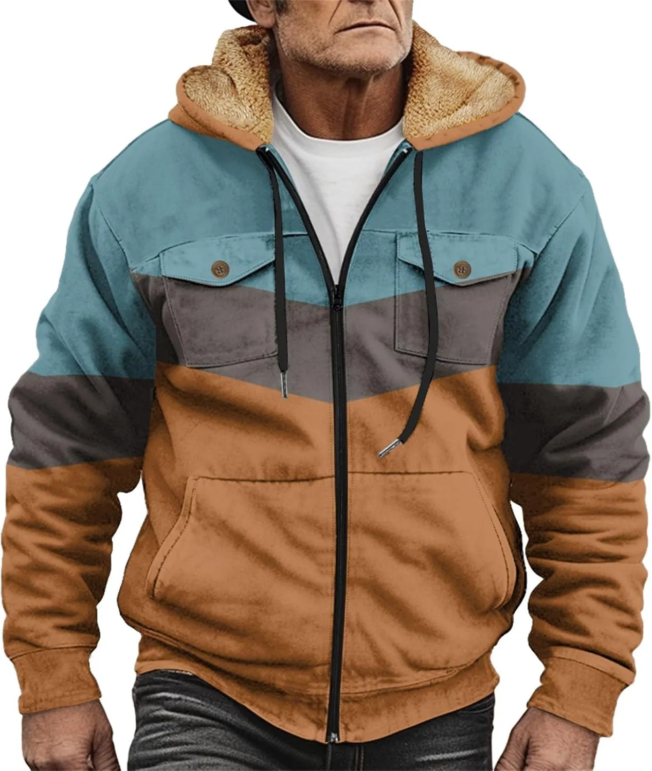 Men's Oversized Jackets Full Zip Thicken Fleece Sherpa Lined Winter Hooded Work Utility Jacket Warm Coat with Pockets
