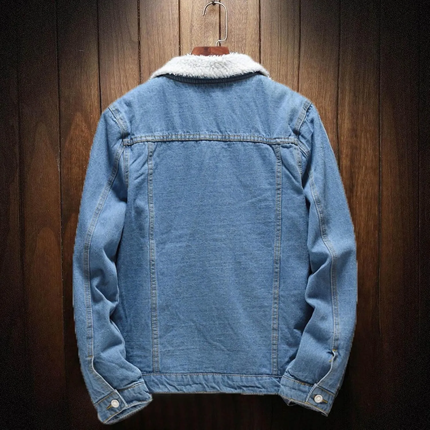 Mens Sherpa Fleece Jean Jacket Thicken Denim Trucker Jacket Lapel Neck Warm Fall Winter Coat with Pockets