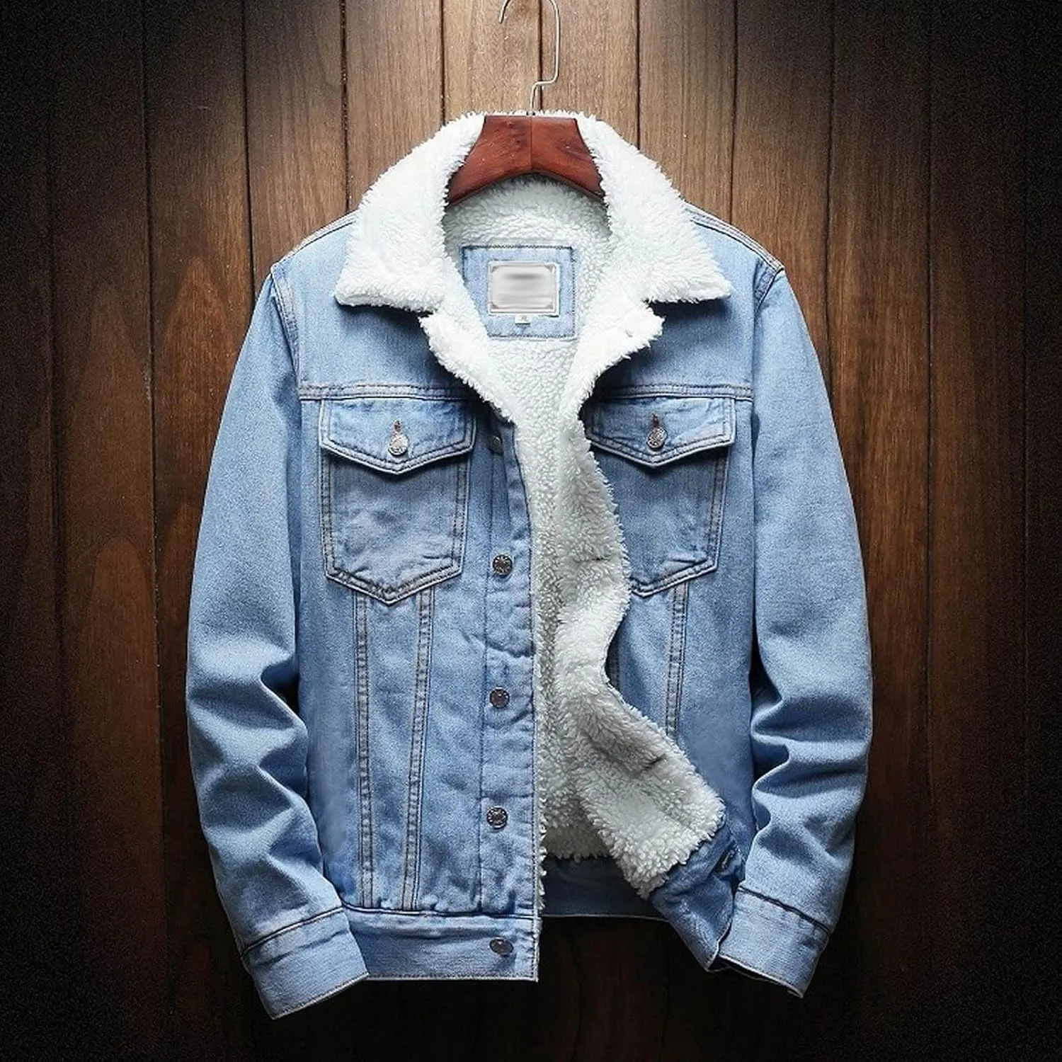 Mens Sherpa Fleece Jean Jacket Thicken Denim Trucker Jacket Lapel Neck Warm Fall Winter Coat with Pockets