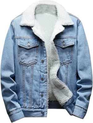 Mens Sherpa Fleece Jean Jacket Thicken Denim Trucker Jacket Lapel Neck Warm Fall Winter Coat with Pockets