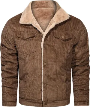 Mens Sherpa Lined Corduroy Jacket Lapel Button Down Warm Trucker Jackets Winter Bomber Coats Thick Bomber Jacket