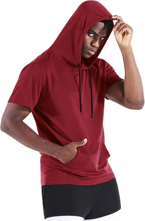 Mens Short Sleeve Hoodies Running Workout Gym Swetshirts Muscle Fit Sport Moisture Wicking Tees UPF 50  Active Tops