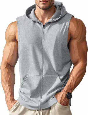 Mens Sleeveless Hooded Tank Tops Workout Zip Up Gym Fitness Training Shirts Muscle Cut Off T Shirt Bodybuilding Vests