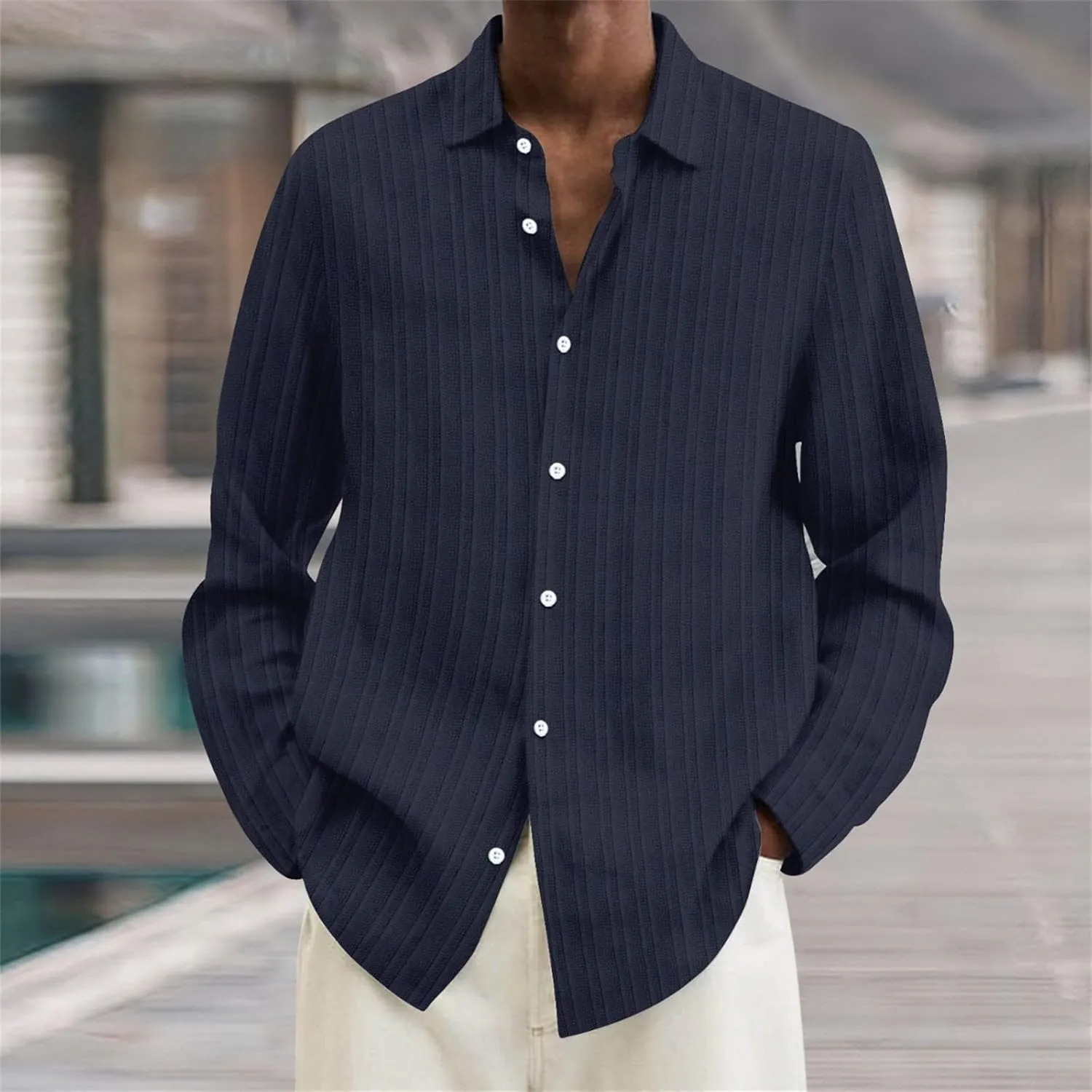 Men's Striped Oxford Shirts Summer Long Sleeve Button Cuban Guayabera Shirt Lightweight Quick Dry Leisure Beach Tops