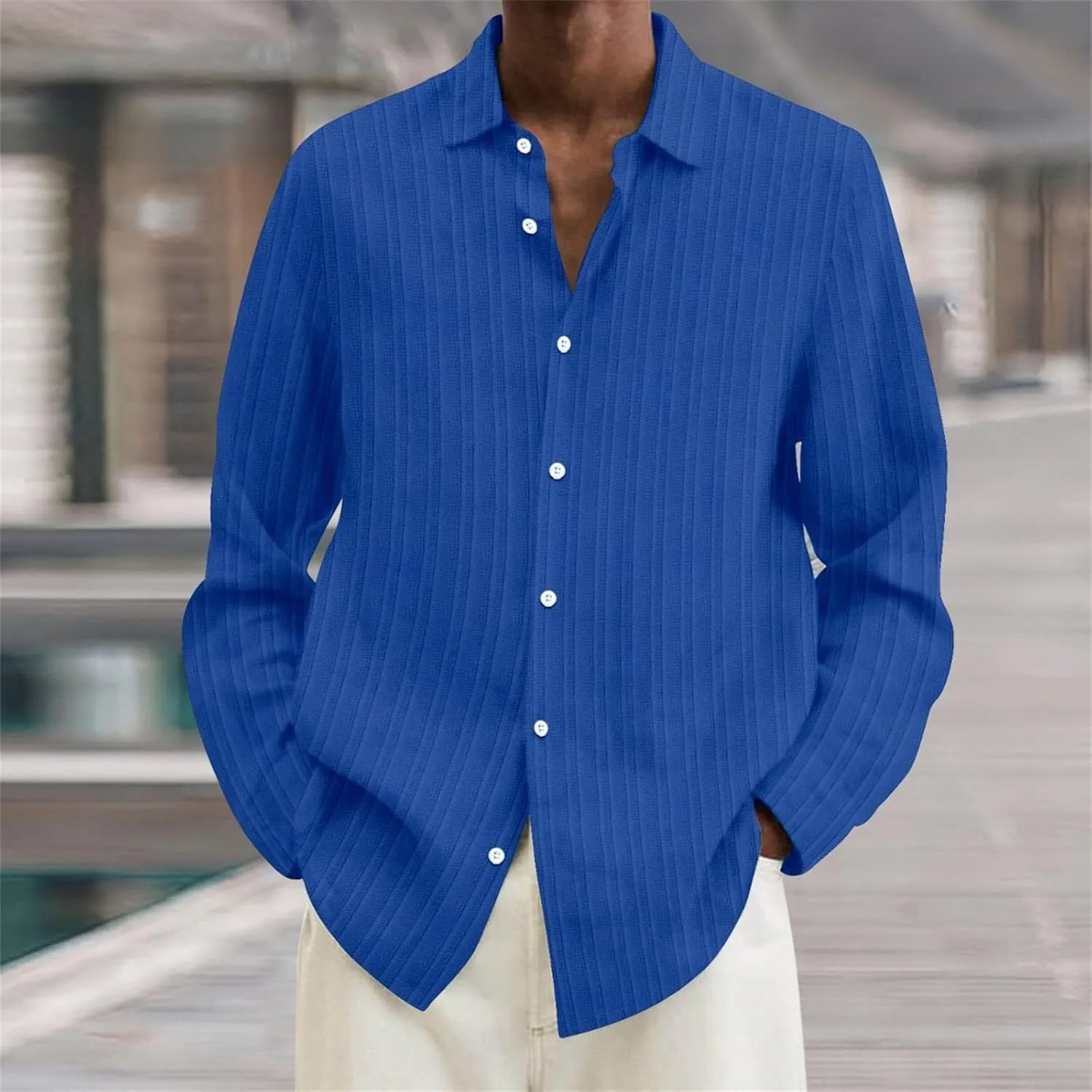 Men's Striped Oxford Shirts Summer Long Sleeve Button Cuban Guayabera Shirt Lightweight Quick Dry Leisure Beach Tops