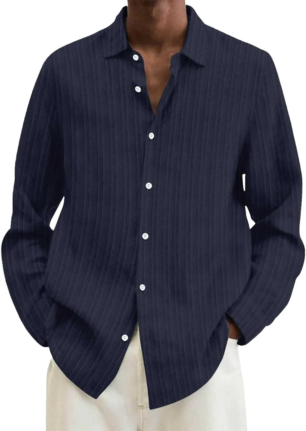 Men's Striped Oxford Shirts Summer Long Sleeve Button Cuban Guayabera Shirt Lightweight Quick Dry Leisure Beach Tops
