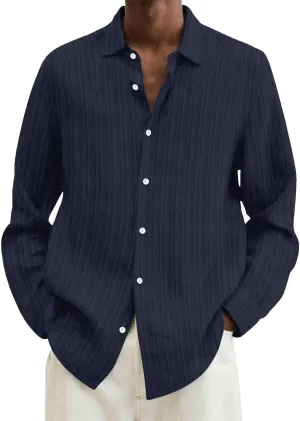 Men's Striped Oxford Shirts Summer Long Sleeve Button Cuban Guayabera Shirt Lightweight Quick Dry Leisure Beach Tops