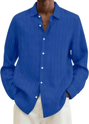 Men's Striped Oxford Shirts Summer Long Sleeve Button Cuban Guayabera Shirt Lightweight Quick Dry Leisure Beach Tops