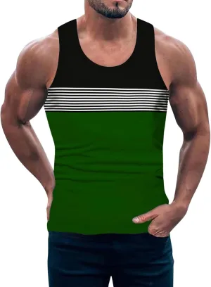 Men's Striped Patchwork Print Racerback Vest Sleeveless Casual Athletic Summer Beach Tank Top Workout Gym Running Sport Shirt
