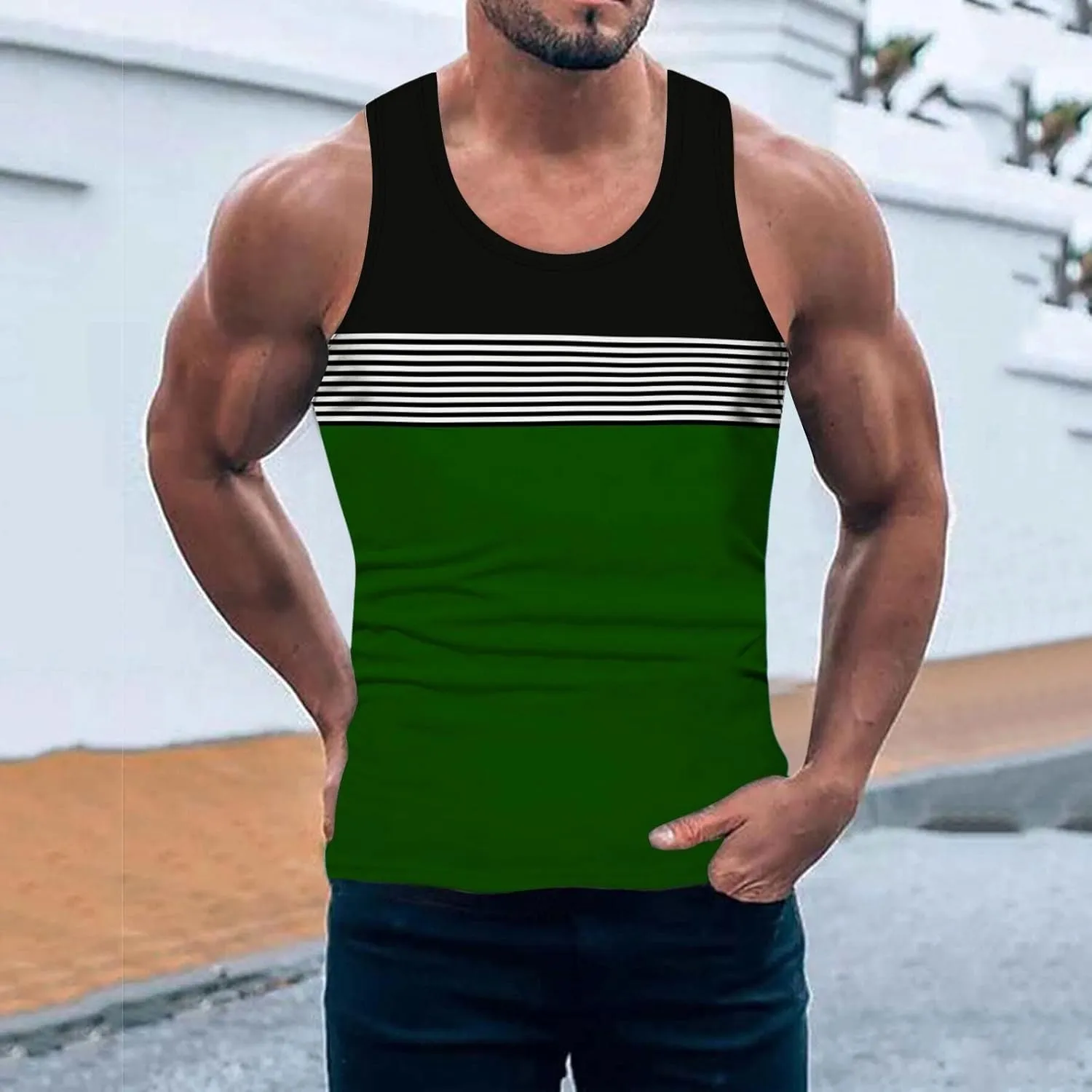 Men's Striped Patchwork Print Racerback Vest Sleeveless Casual Athletic Summer Beach Tank Top Workout Gym Running Sport Shirt