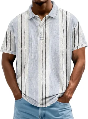 Mens Vertical Striped Polo Shirts Summer Color Block Tshirt Plus Size V Neck Tee Short Sleeve Vintage Collar Tops