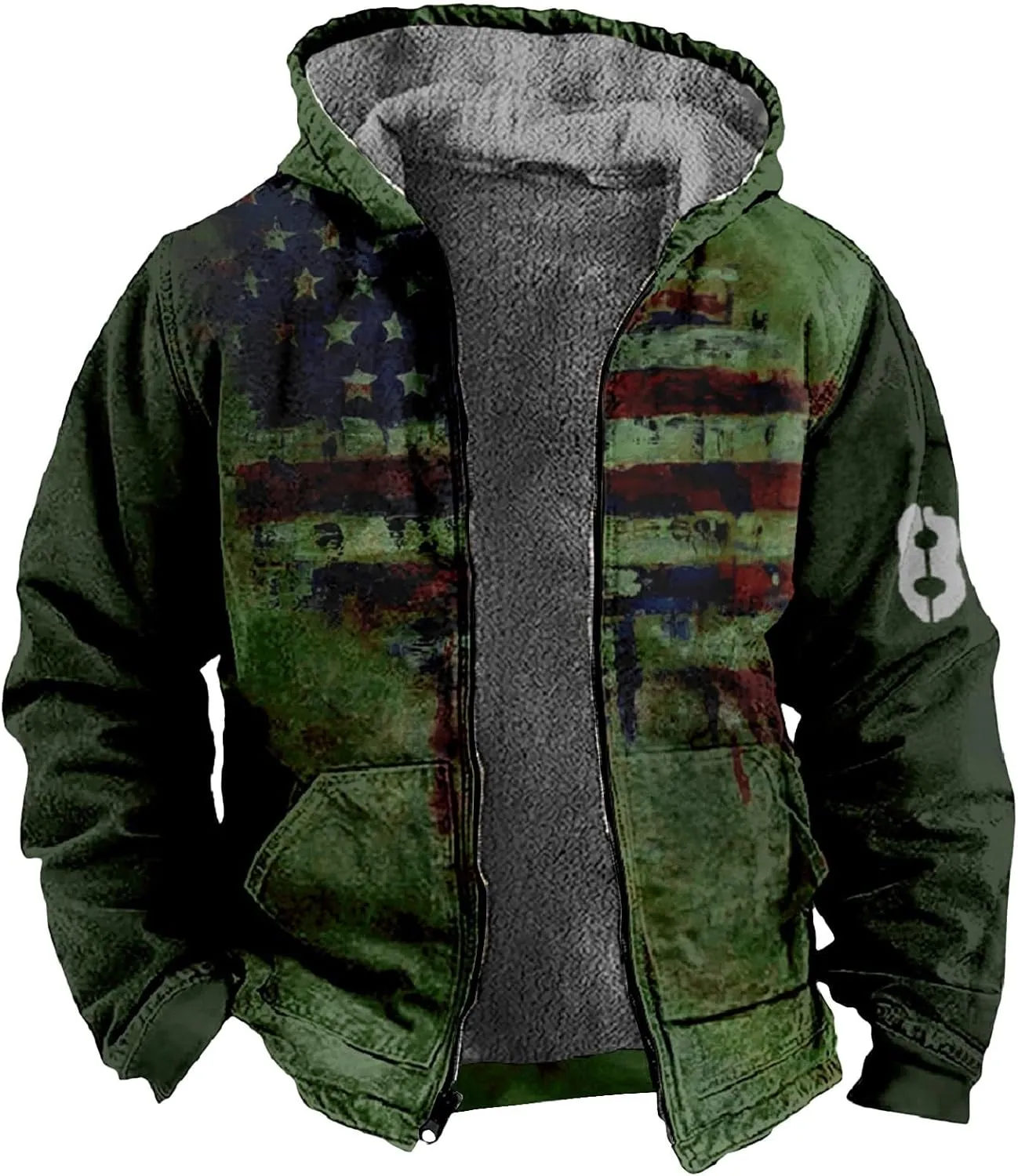 Men's Vintage Sherpa Fleece Lined Jackets Hooded Flag Print Western Warm Outerwear Windbreaker Varsity Coat M-7XL