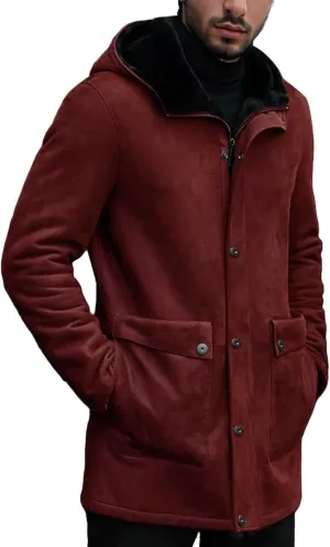 Men's Vintage Sherpa-Lined Trench Coat Faux Suede Retro Outdoor Leather Overcoat