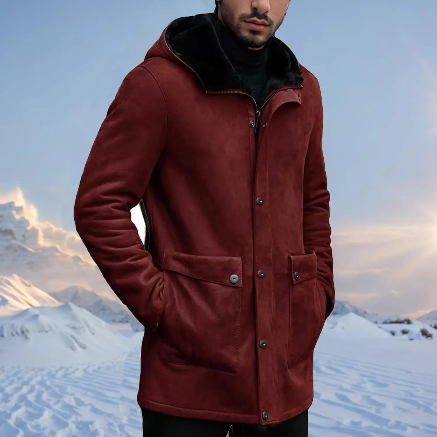 Men's Vintage Sherpa-Lined Trench Coat Faux Suede Retro Outdoor Leather Overcoat