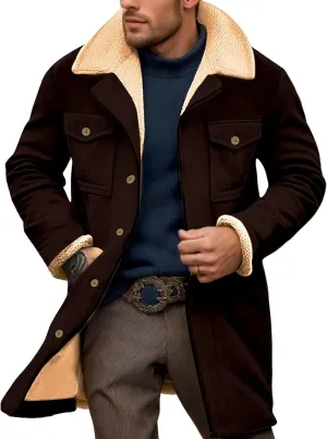Mens Vintage Suede Sherpa Lined Leather Jacket with Plush Reversed Collar, Patchwork Multi Pocket, for Outdoor
